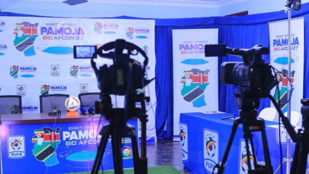 The press conference room in preparation of the address.