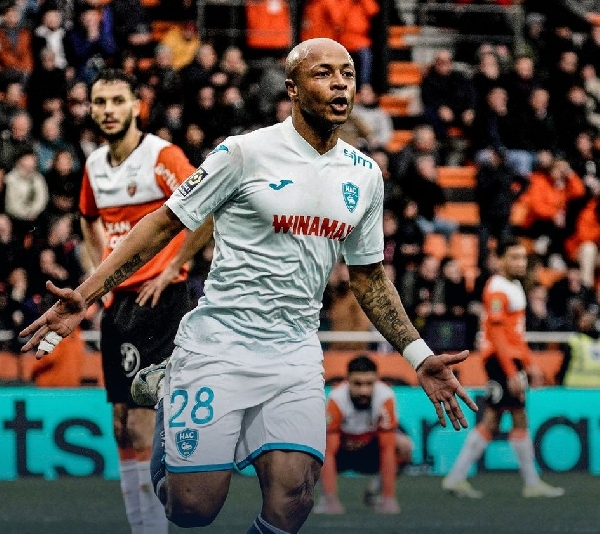 "Andre Ayew celebrating after scoring for Le Havre."