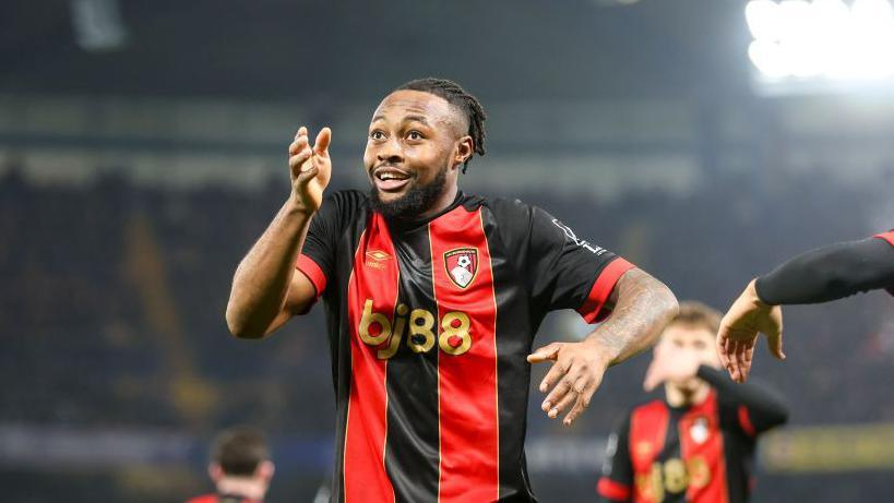 "Antoine Semenyo celebrating a goal for Bournemouth during a Premier League match."