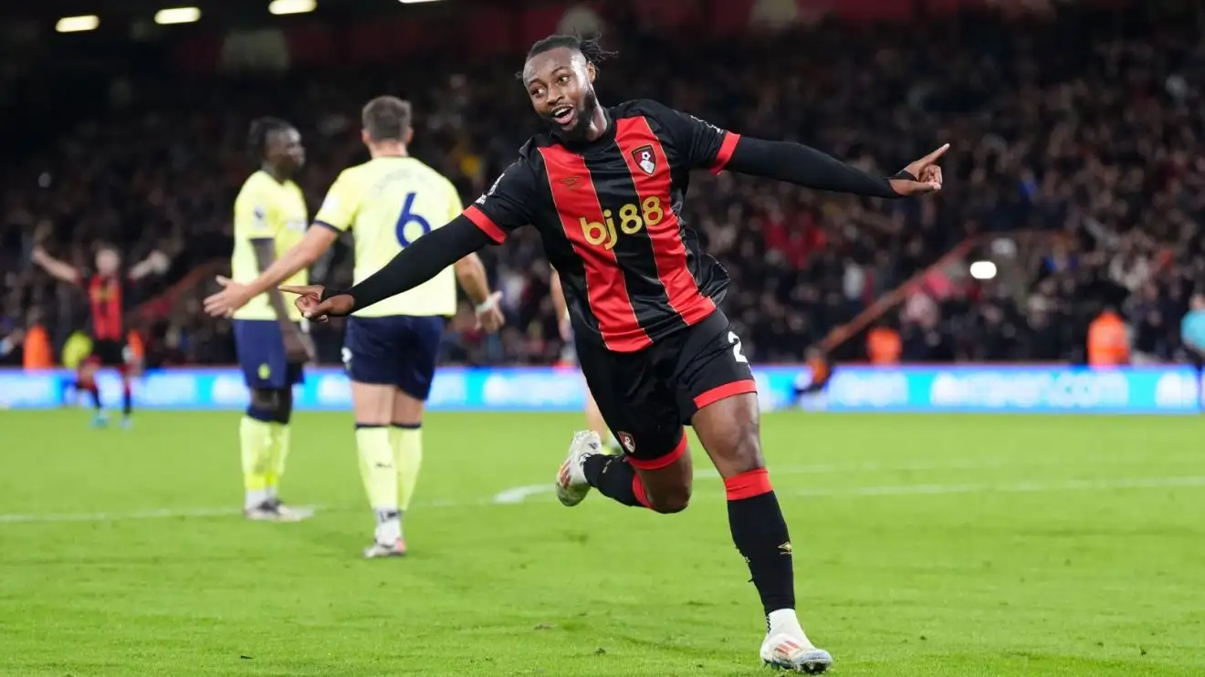 "Antoine Semenyo celebrates scoring a goal for Bournemouth in a Premier League match."