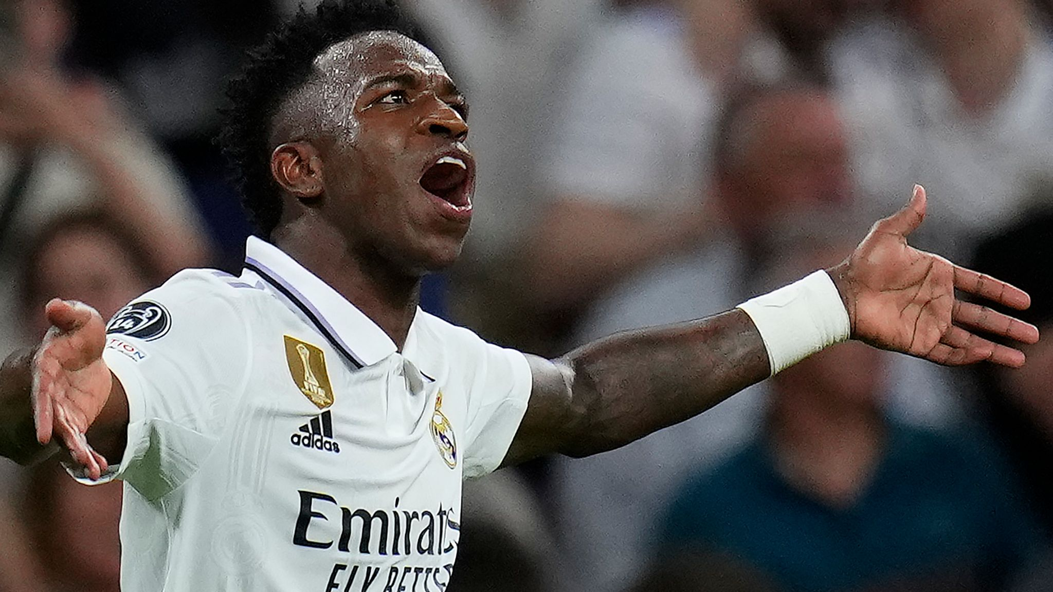 "Vinícius Jr. expressing emotion during a Real Madrid match."