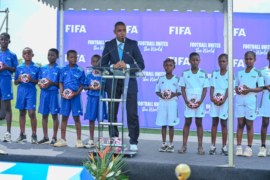 "Dignitaries laying foundation stone at FIFA project ceremony"