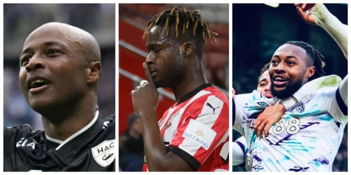 "Collage of football players Andre Ayew, Mohammed Kudus, and Raheem Sterling."