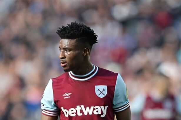"Mohammed Kudus wearing a West Ham jersey during a match."