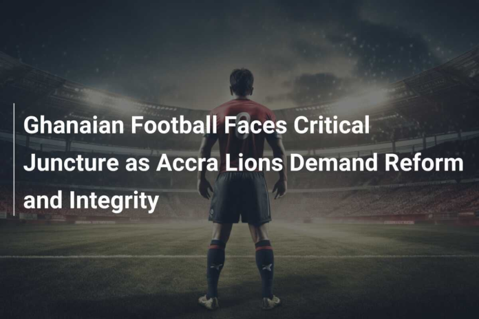 "Football player on a field with text overlay about Ghanaian football reform."