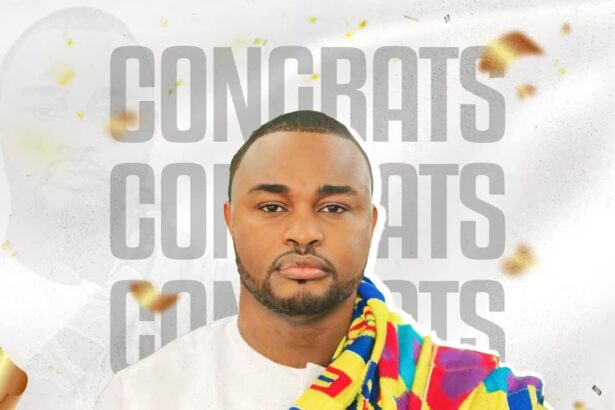 Man in traditional Ghanaian attire with 'Congrats' text in the background.