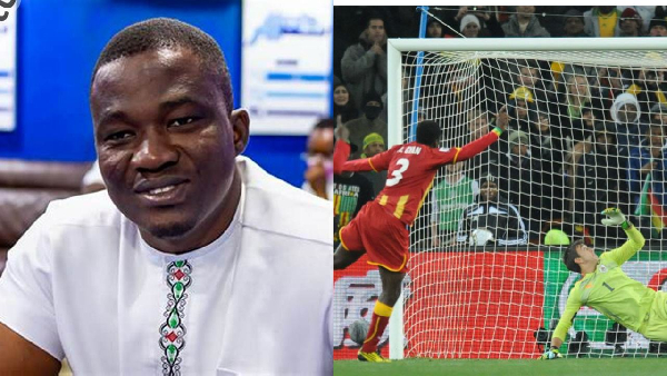 A split image of a man smiling on the left and a Ghanaian player taking a penalty shot on the right.