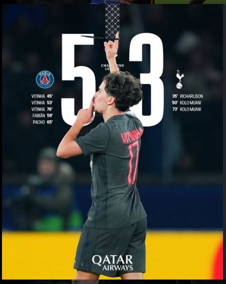 PSG Outclass Tottenham 5–3 in Champions League Thriller as Vitinha Scores Sensational Hattrick