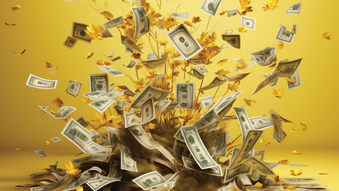 Money flying in the air money blown up in the air