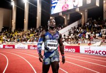 Ferdinand Omanyala Partners with New Coach Geoffrey Kimani in Olympic Preparation A picture of Omanyala after a race