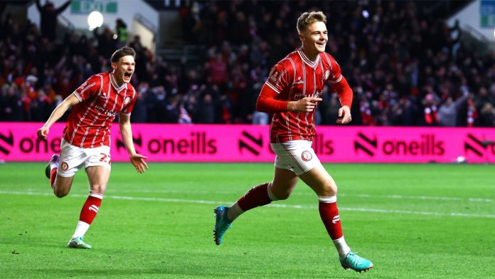 Bristol vs West harm Tommy Conway in a match after scoring.