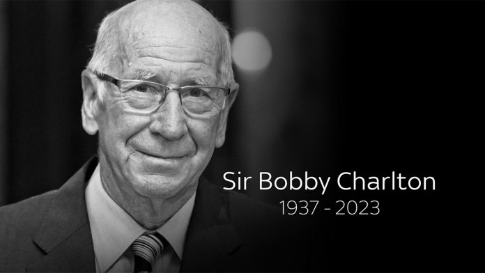 Sir Bobby Charlton in the picture and life period written on the artwork.