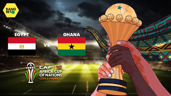artwork for Egypt vs Ghana match with AFCON trophy in picture