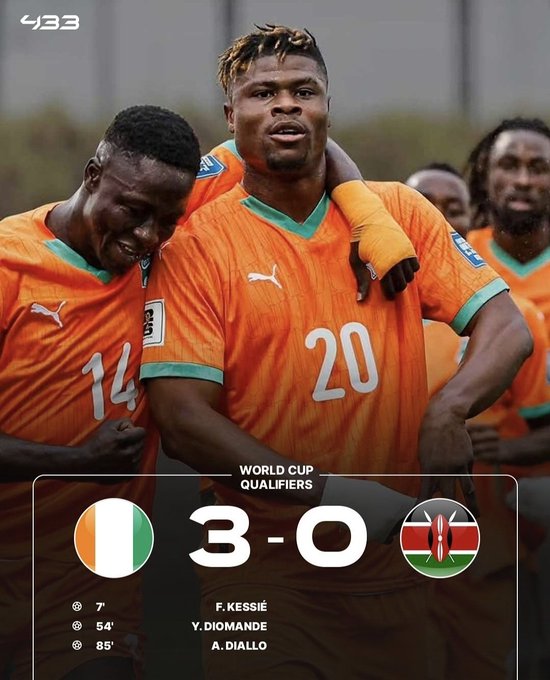 Ivory Coast vs Kenya: Elephants Crush Harambee Stars 3-0 in World Cup Qualifier