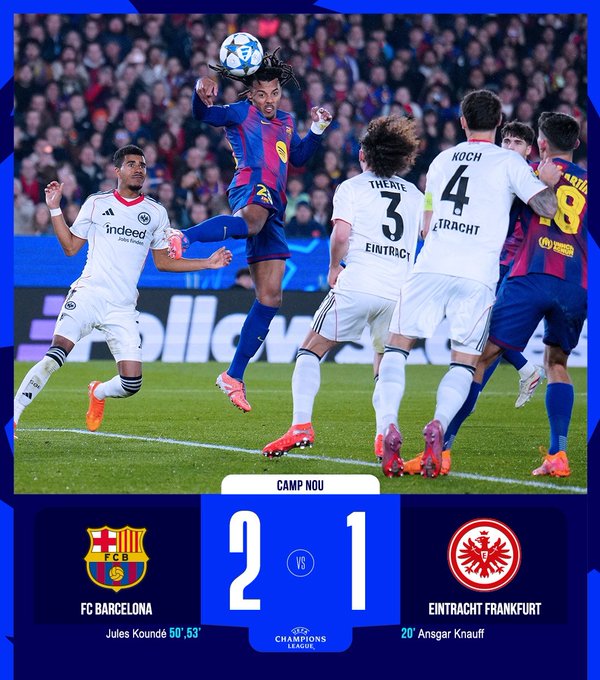 Barcelona Edge Frankfurt 2-1 as Koundé Leads UCL Comeback