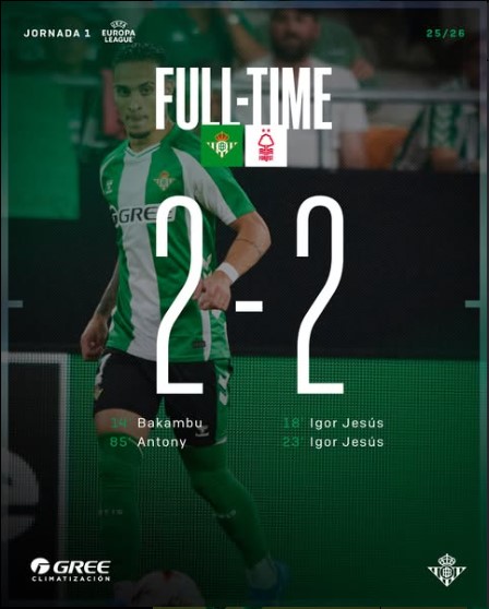 Real Betis and Nottingham Forest Share the Spoils in 2-2 Europa League Thriller