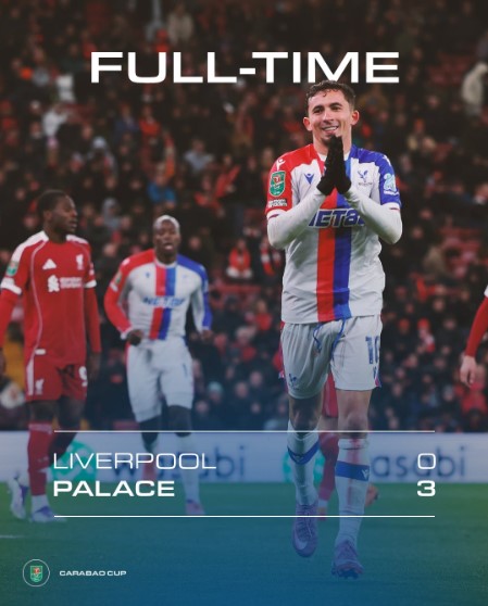 Crystal Palace Stun Liverpool 3-0 at Anfield to Advance in Carabao Cup