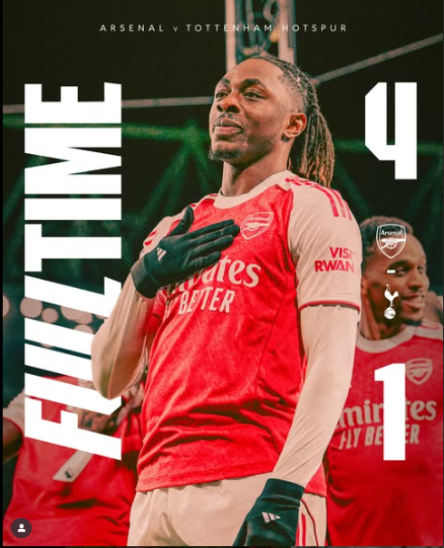 Arsenal 4-1 Tottenham: Ezeโs Historic Hattrick Powers Gunners to Derby Glory
