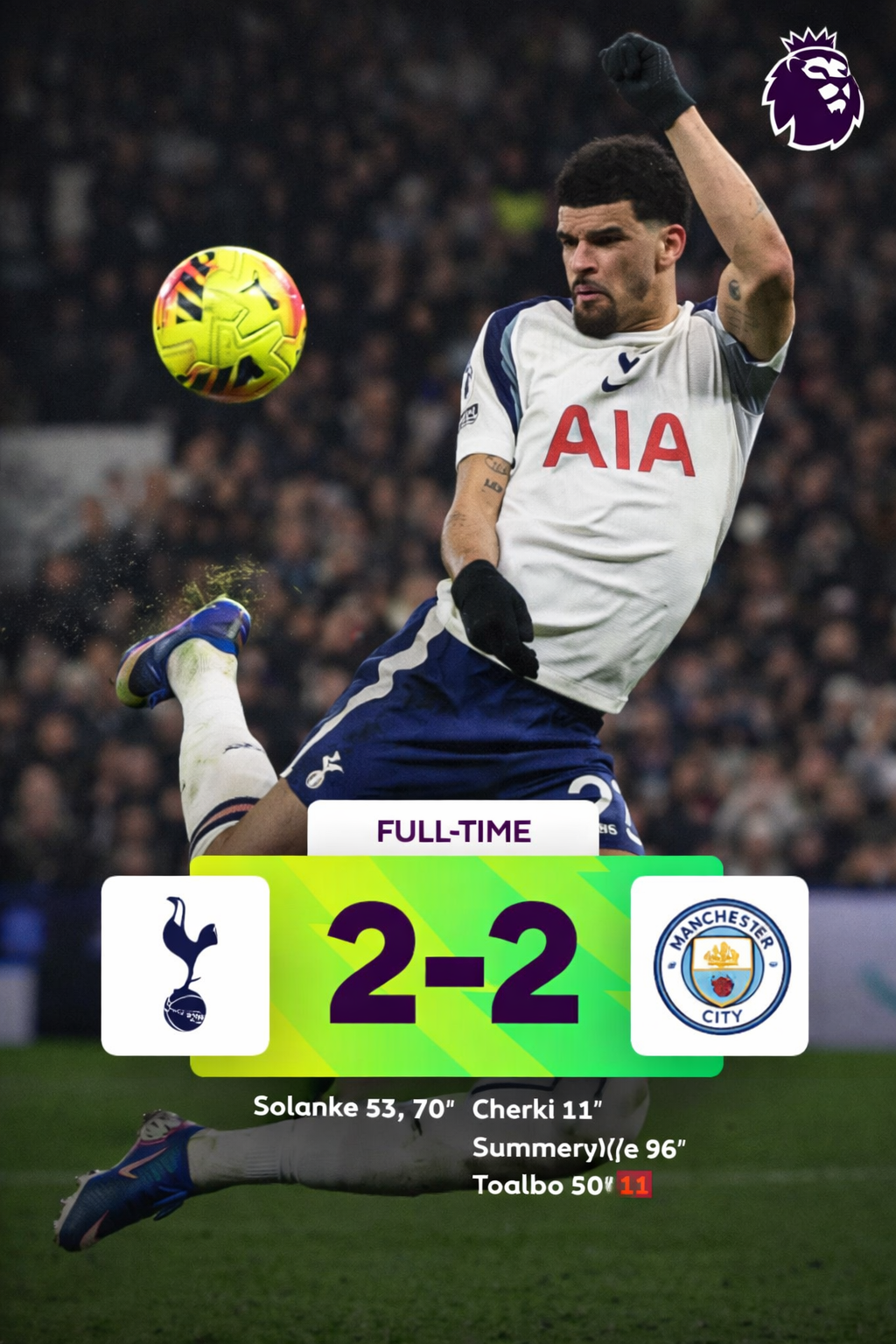 Spurs Hold Title-Chasing Man City to Thrilling 2–2 Draw After Solanke Heroics