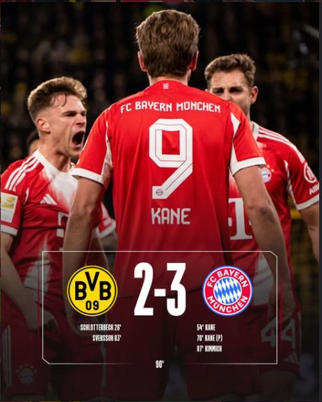 Bayern Munich 3-2 Borussia Dortmund – Kane Hits 30 Bundesliga Goals as Kimmich Strikes Late