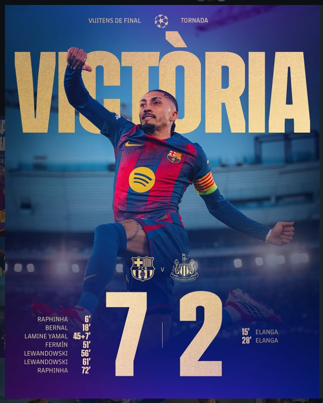 Barcelona 7-2 Newcastle: Ruthless Barรงa Storm into UCL Quarter-Finals