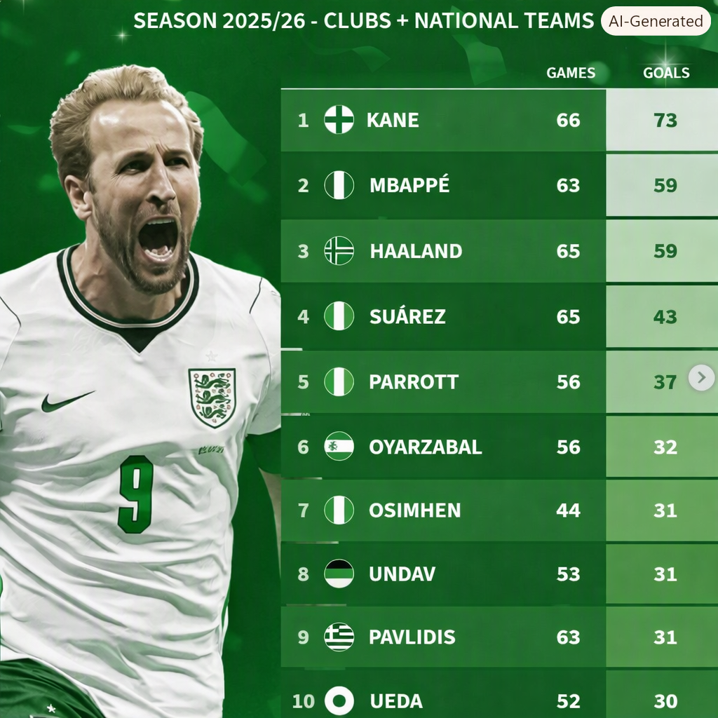 Harry Kane Tops the 2025/26 Goalscoring Charts with 73 Goals