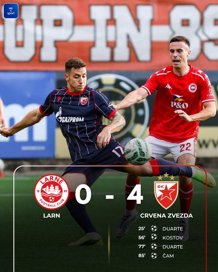Crvena Zvezda Thrash Larne 4-0 to Take Command in Champions League Qualifiers