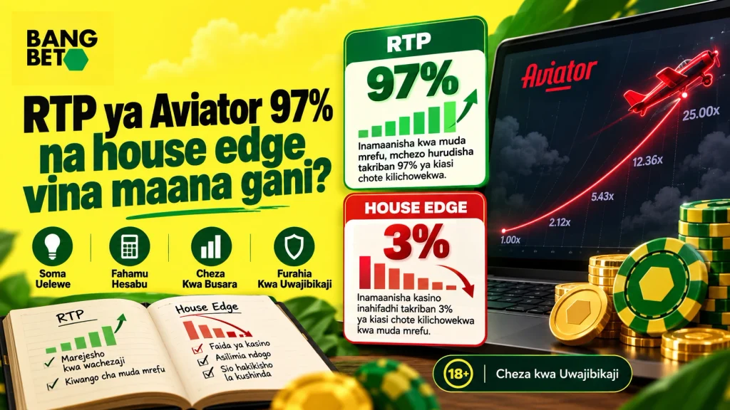 Kompyuta ya mkononi yenye grafu ya mchezo wa Aviator pembeni ya vitabu na mabango ya RTP na House Edge