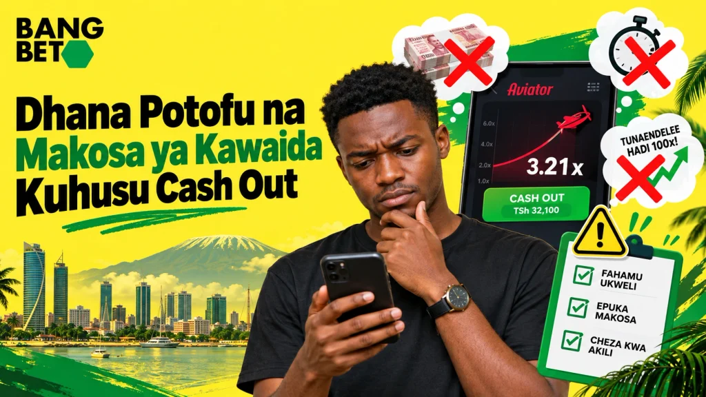 Kijana wa Kitanzania akitazama simu kwa umakini huku kukiwa na vielelezo vinavyoonyesha makosa ya kawaida ya uchezaji wa Aviator.