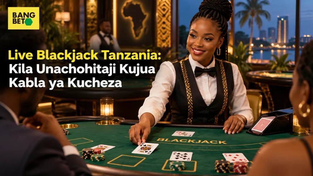 Mwanamke mwenye tabasamu akihudumu kama muuzaji kwenye meza ya mchezo wa Live Blackjack katika kasino ya mtandaoni nchini Tanzania
