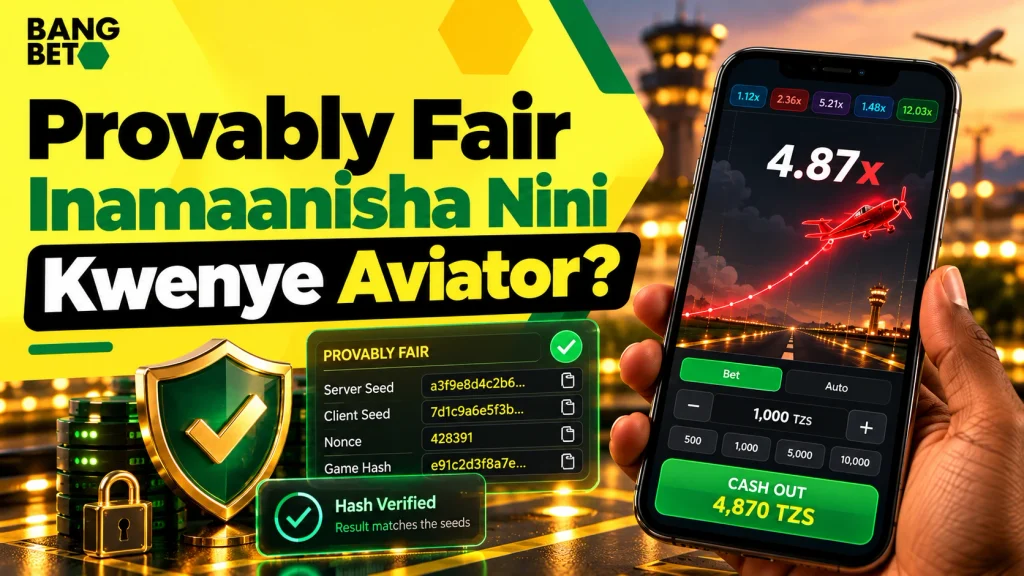 Provably Fair Inamaanisha Nini Kwenye Aviator? Simu mahiri inayoonyesha mchezo wa ndege ya Aviator na ngao ya usalama inayoelezea mfumo wa Provably Fair.