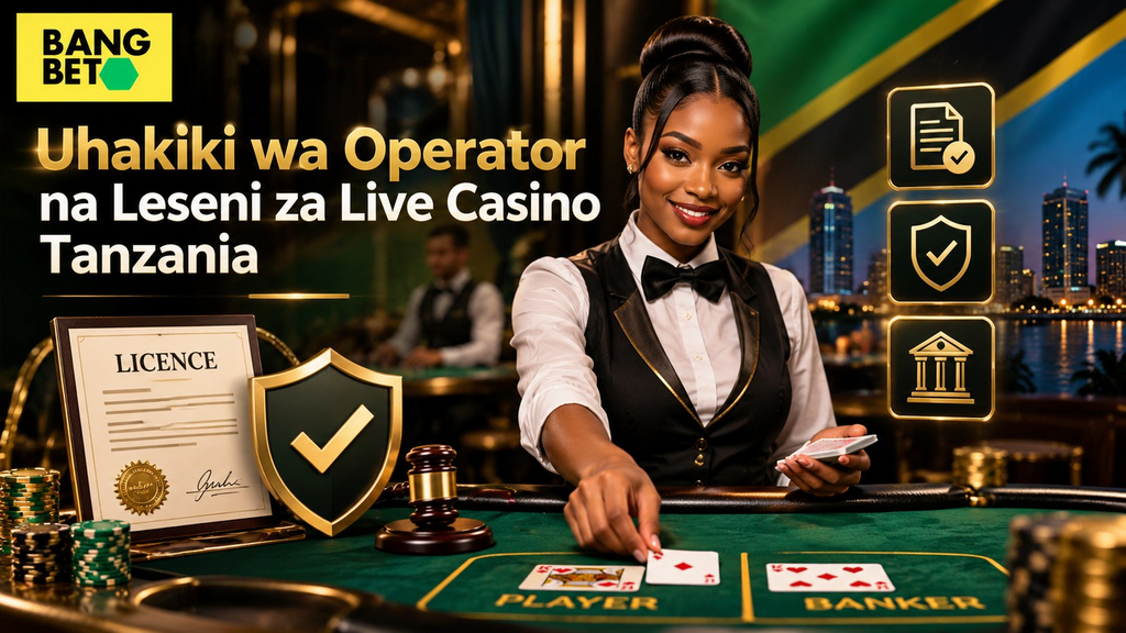Uhakiki wa Operator na Leseni za Live Casino Tanzania Hati ya leseni ya kasino ya mtandaoni iliyoambatanishwa na alama ya uhakiki na muuzaji wa kike anayetabasamu kwenye meza ya mchezo