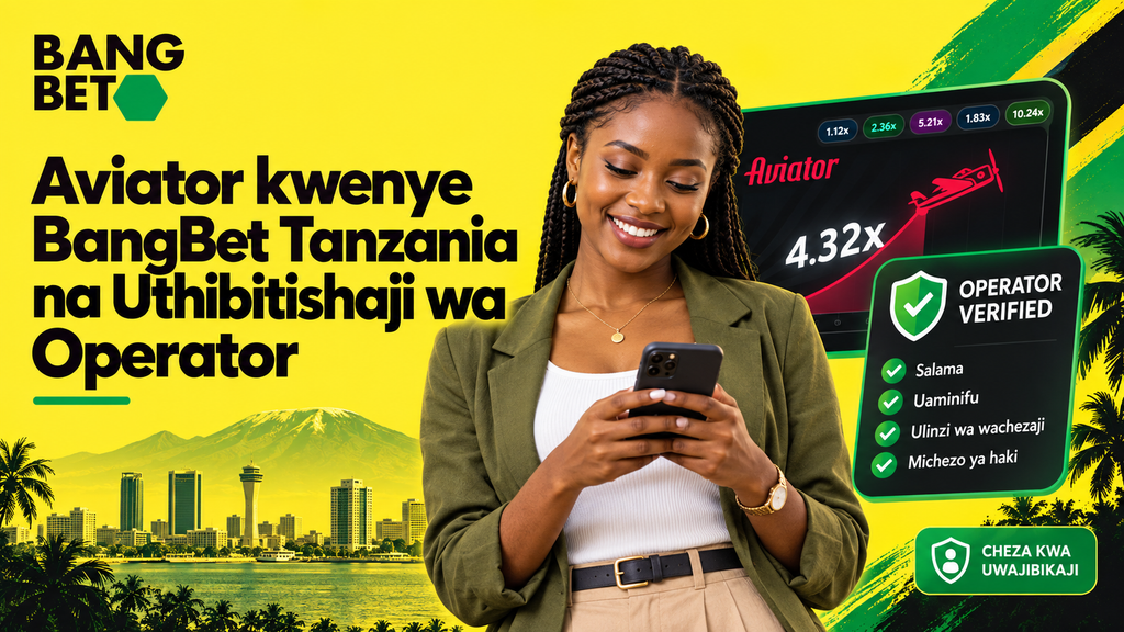 aviator-bangbet-tanzania-uthibitishaji-wa-operator Mwanamke akitazama simu inayoonyesha mchezo wa Aviator BangBet pamoja na alama ya ulinzi na uthibitishaji wa operator nchini Tanzania.