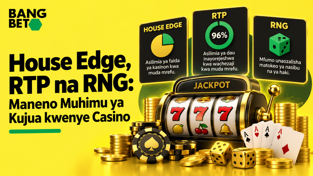 Mashine ya slot ya Jackpot ikiwa na kadi za Ace, shilingi za dhahabu na mabango yanayofafanua House Edge, RTP na RNG BangBet.