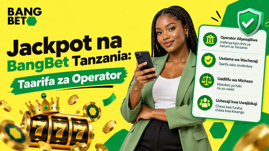 usajili-na-usalama-wa-operator-wa-jackpot-bangbet Mwanamke aliyeshikilia simu akiwa pembeni ya orodha inayoeleza usajili, usalama, na uadilifu wa michezo ya kubashiri.