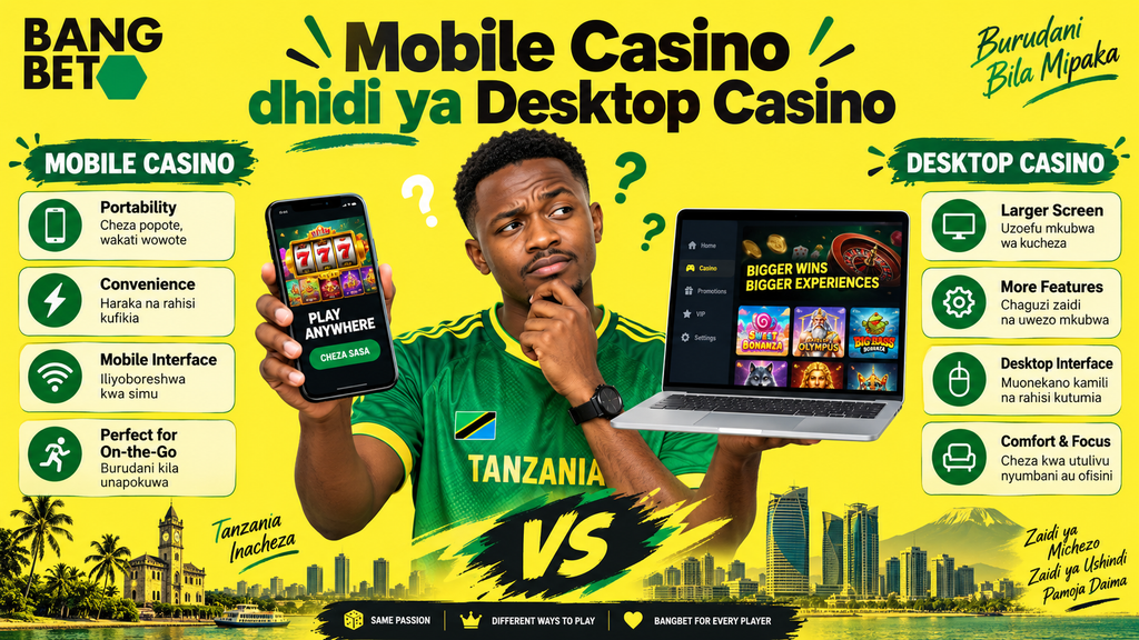 Mwanaume akifanya ulinganisho kati ya kucheza kasino kwenye simu ya mkononi na kwenye kompyuta ya mpakato (desktop).
