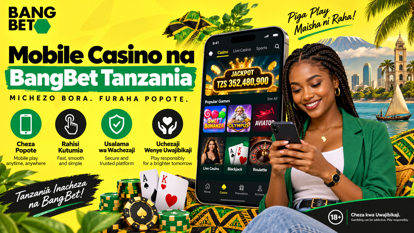 Mwanamke akitabasamu huku akitumia programu ya BangBet kwenye simu kucheza michezo ya kasino kama Aviator na Slots.