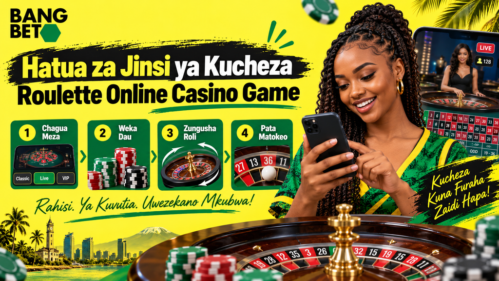 hatua-za-kucheza-roulette-online-casino Mwanamke akitazama simu inayoonyesha hatua nne za kucheza Roulette: Chagua Meza, Weka Dau, Zungusha Roli, na Pata Matokeo.