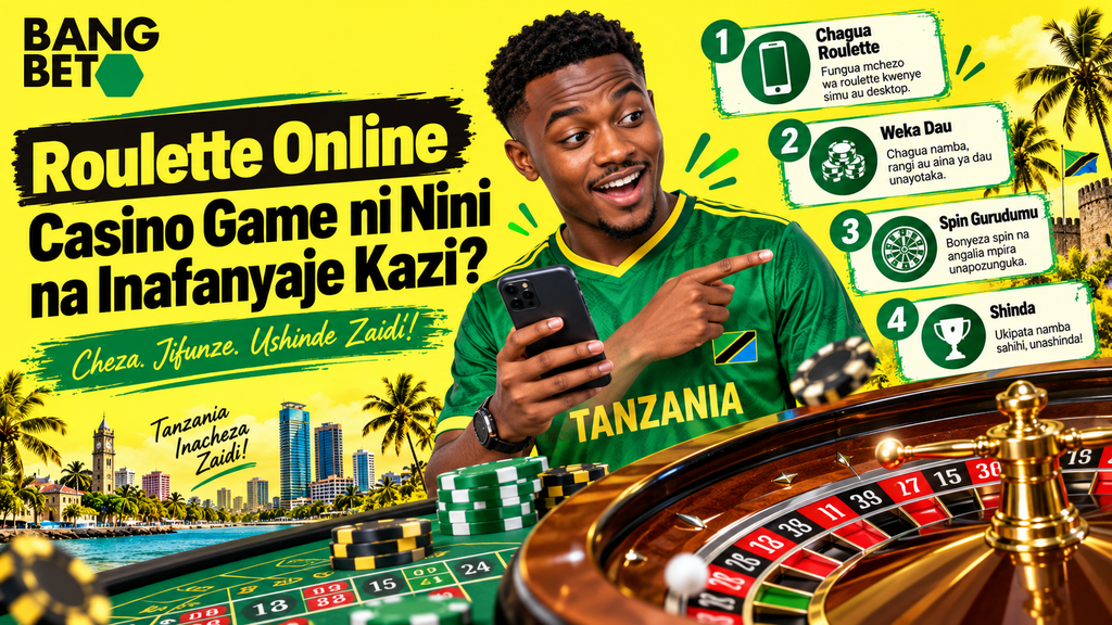 roulette-online-casino-game-ni-nini-tanzania Mwanaume akiwa ameshika simu na kuonyesha hatua 4 za msingi za mchezo wa Roulette mtandaoni.