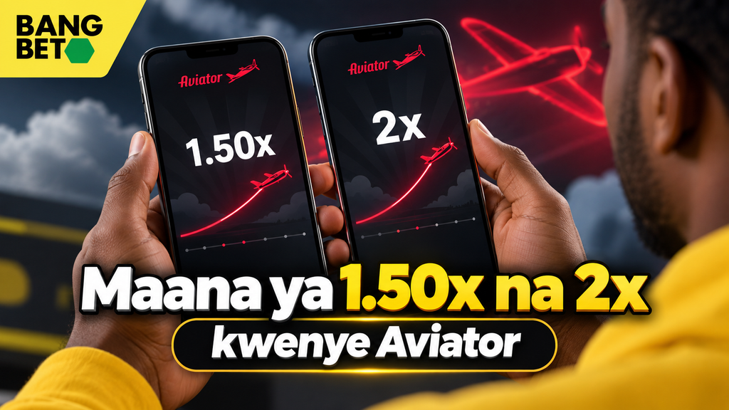 Maana ya 1.50x na 2x kwenye Mchezo wa Aviator Mikono ikishika simu mbili zinazoonyesha vizidishi vya 1.50x na 2x kwenye mchezo wa ndege wa Aviator