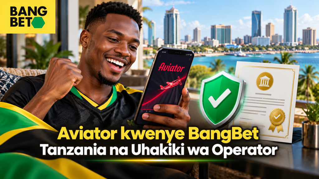 Aviator kwenye BangBet Tanzania na Uhakiki wa Operator Mchezaji mwenye furaha akionyesha mchezo wa Aviator kwenye simu yake karibu na cheti cha uhakiki wa jukwaa la kamari nchini Tanzania