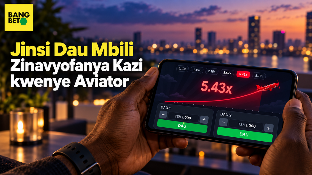 Jinsi Dau Mbili Zinavyofanya Kazi kwenye Simu ya Mkononi katika Aviator Mikono ikishika simu ya mkononi yenye mfumo wa kuweka dau mbili wakati ndege ikiruka angani