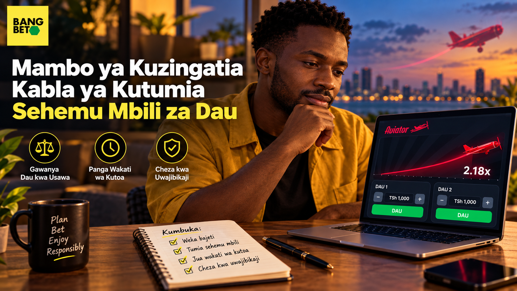 Mambo ya Kuzingatia Kabla ya Kutumia Sehemu Mbili za Dau Kwenye Aviator Mchezaji akitafakari na kuandika miongozo kuhusu matumizi ya dau mbili na mgawanyo wa bajeti kwenye mchezo wa Aviator