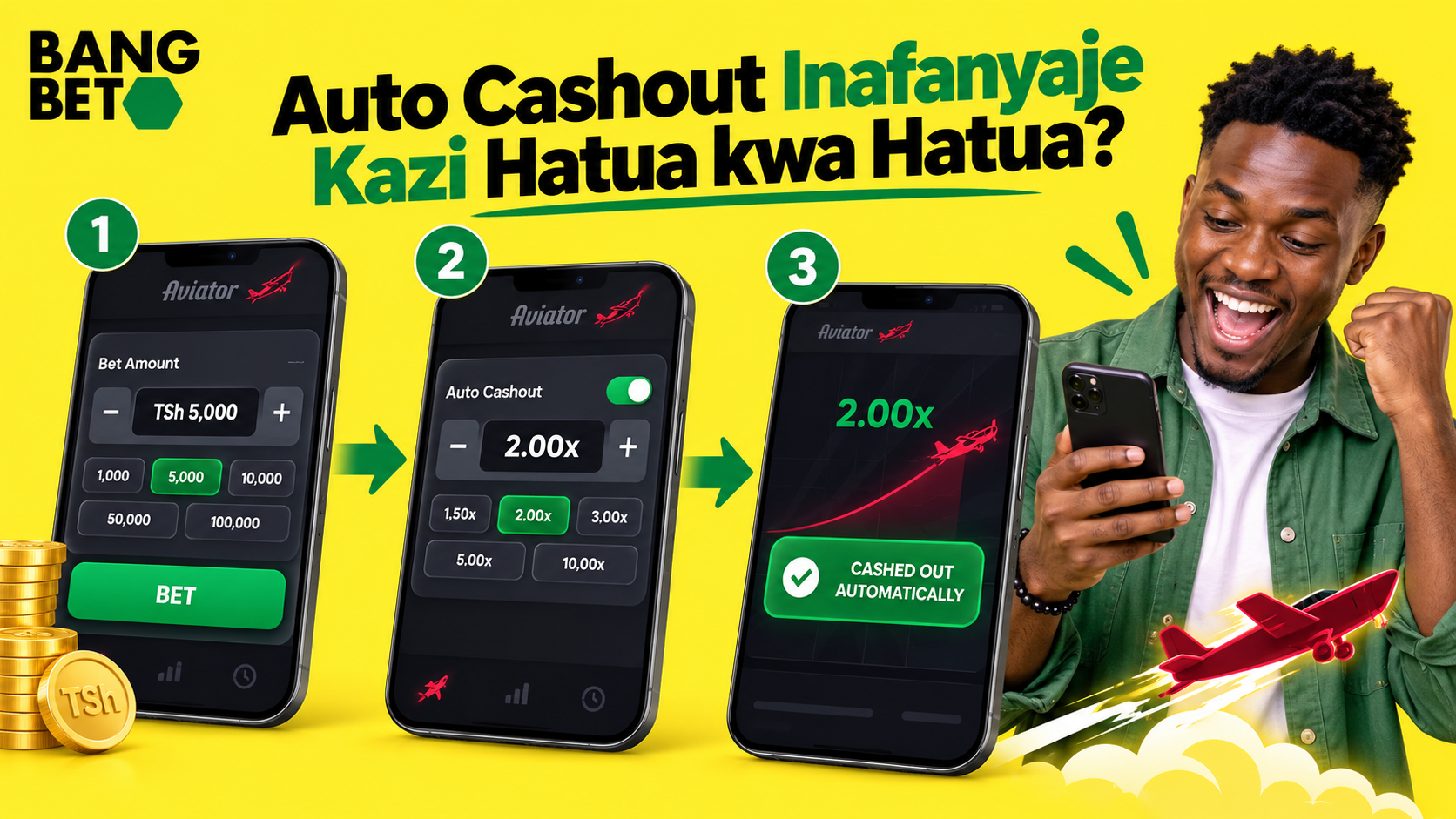 Title: Hatua kwa Hatua Jinsi Auto Cashout Inavyofanya Kazi Kwenye Aviator Picha tatu mfululizo zikionyesha hatua za kuweka dau, kuwasha Auto Cashout, na jinsi mfumo unavyofanya cashout otomatiki