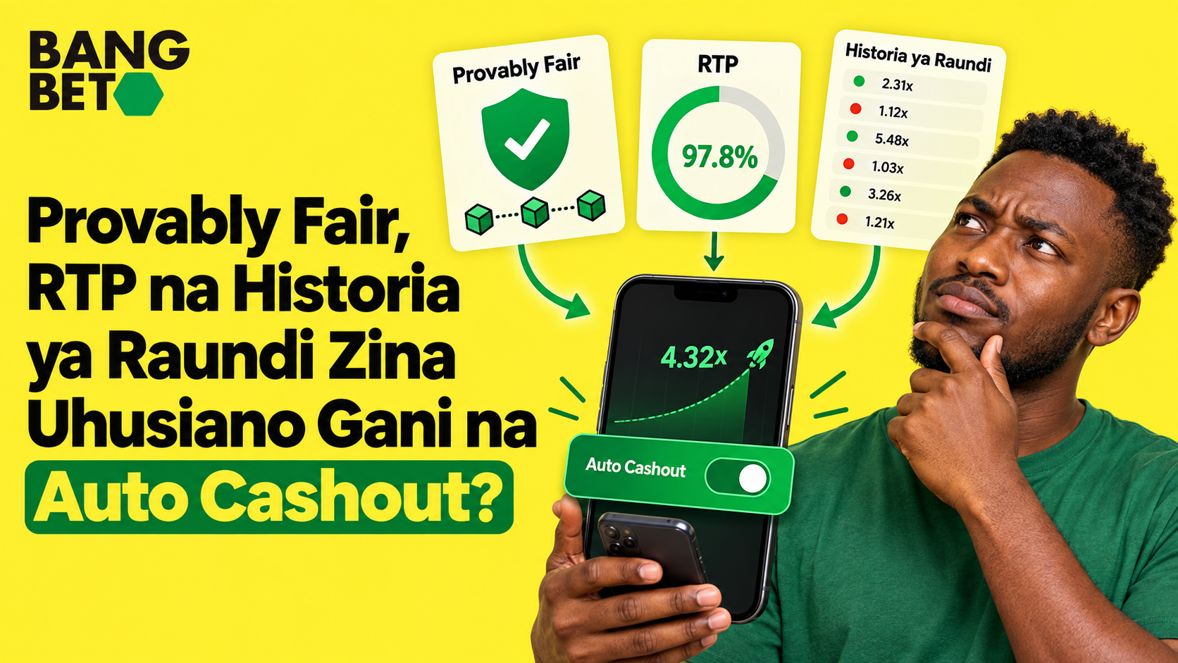 Uhusiano wa Provably Fair, RTP na Historia ya Raundi Kwenye Aviator Auto Cashout Simu ya mkononi ikionyesha takwimu za RTP na historia ya raundi wakati wa kubashiri kwenye jukwaa la BangBet