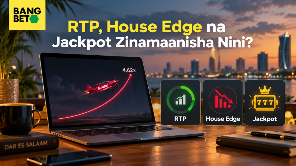 RTP, House Edge na Jackpot Zinamaanisha Nini Kwenye Aviator? Kompyuta iliyo na alama za takwimu za RTP, House Edge na ishara ya Jackpot pembeni kwenye meza ya mbao