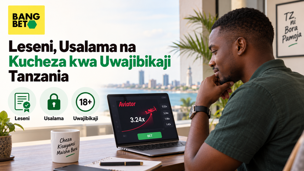 Leseni, Usalama na Kucheza kwa Uwajibikaji Tanzania Kijana akitazama kompyuta inayoonyesha mchezo wa Aviator huku kukiwa na alama za leseni, usalama na uwajibikaji 18+ pembeni