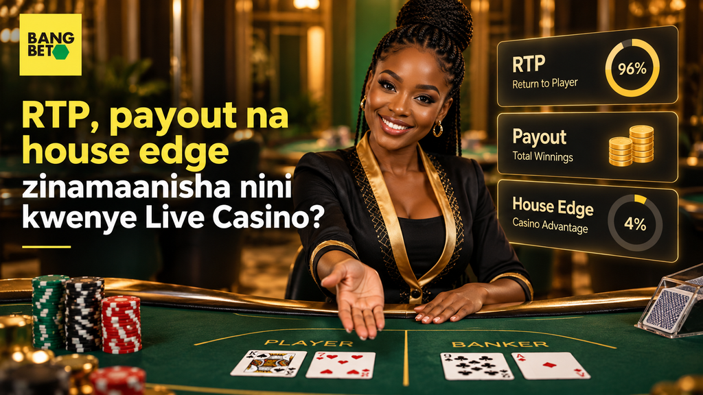 RTP, Payout na House Edge Zinamaanisha Nini Kwenye Live Casino? Muuzaji wa live casino akiwa na michoro ya takwimu za RTP na house edge pembeni