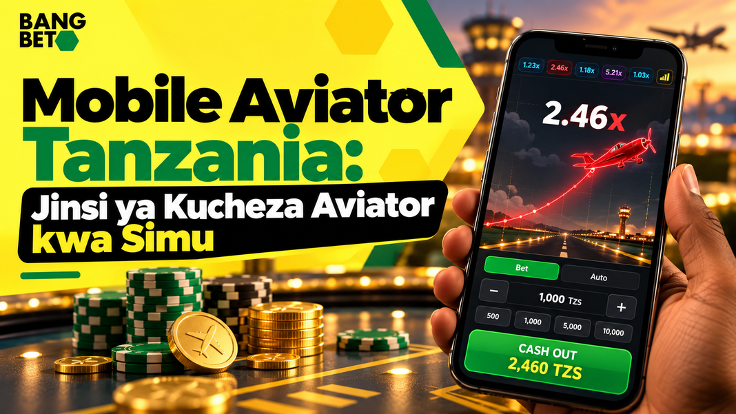 Mchezaji aliyeshika simu ya mkononi yenye mchezo wa Aviator na chips za kasino mezani.