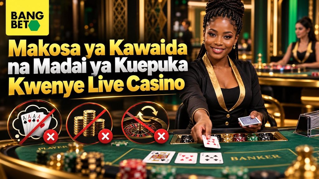 Makosa ya Kawaida ya Kuepuka Kwenye Live Casino Muuzaji wa kike akigawa kadi kwenye meza ya live casino huku picha zikionesha makosa ya kuepuka katika kamari ya mtandaoni nchini Tanzania